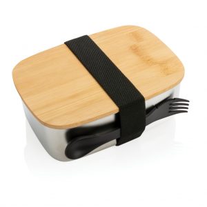 Stainless steel lunchbox with bamboo lid and spork P269.622