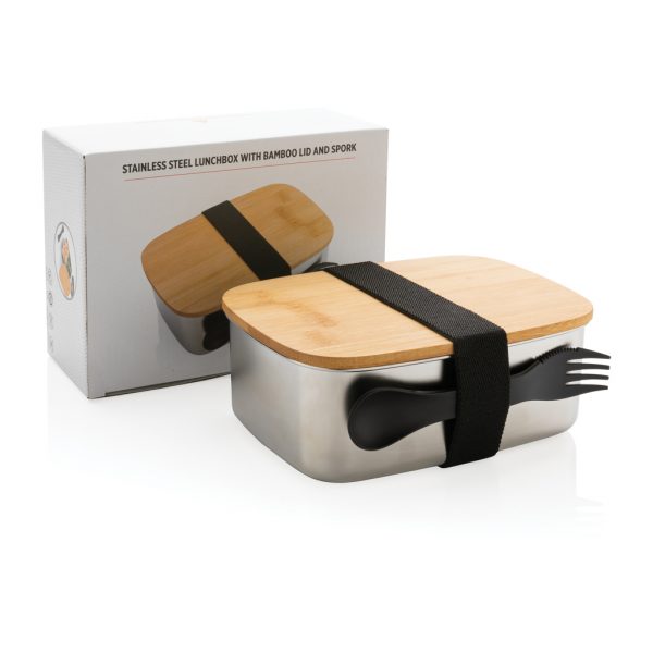 Stainless steel lunchbox with bamboo lid and spork P269.622