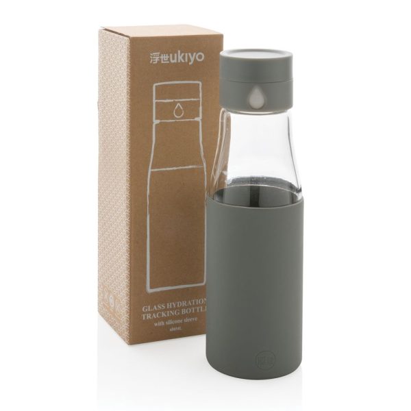 Ukiyo glass hydration tracking bottle with sleeve P436.722