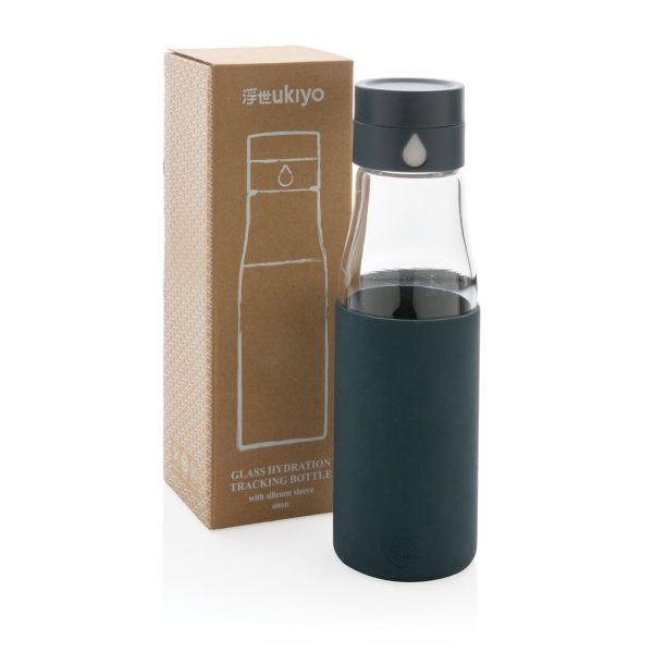 Ukiyo glass hydration tracking bottle with sleeve P436.725